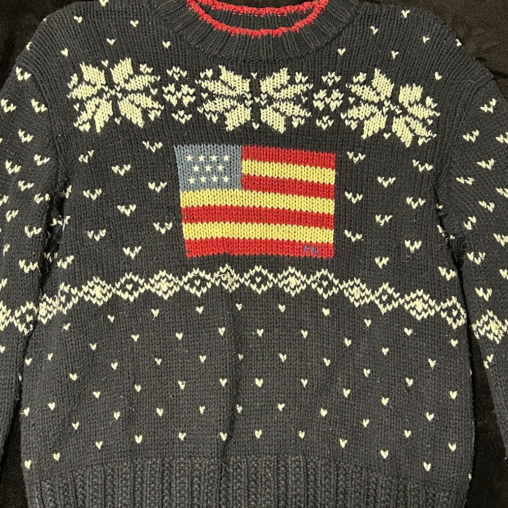 87 Vtg Ralph Lauren Polo Navy American Flag Sweater - Picture 4 of 7